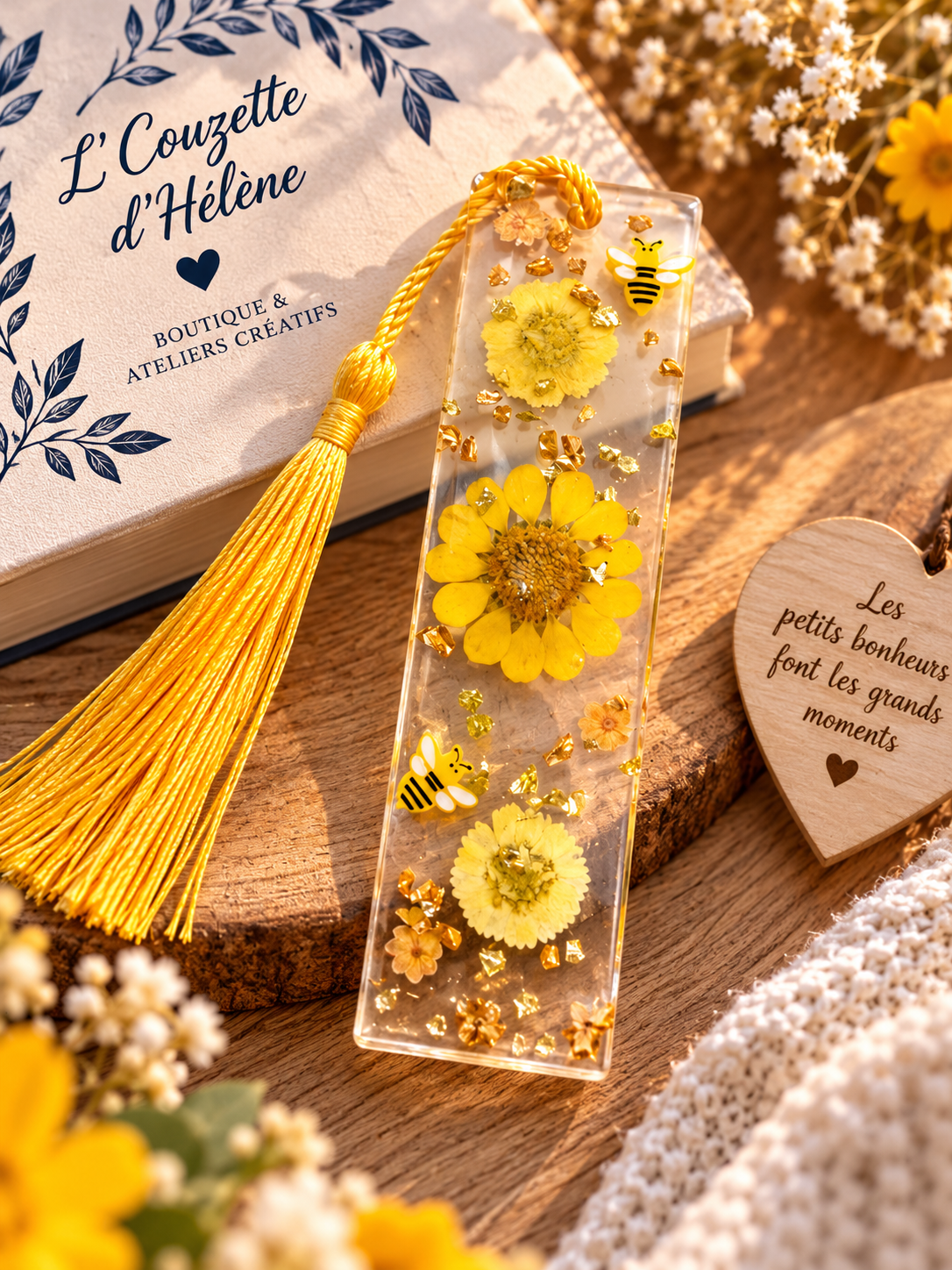 🌼 Marque-page en résine – Fleurs jaunes & petites abeilles 🐝 – Image 2