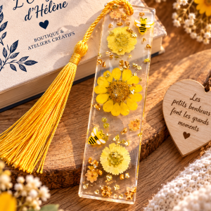🌼 Marque-page en résine – Fleurs jaunes & petites abeilles 🐝