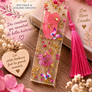 🌸 Marque-page en résine – Fleurs roses & papillons 🦋✨