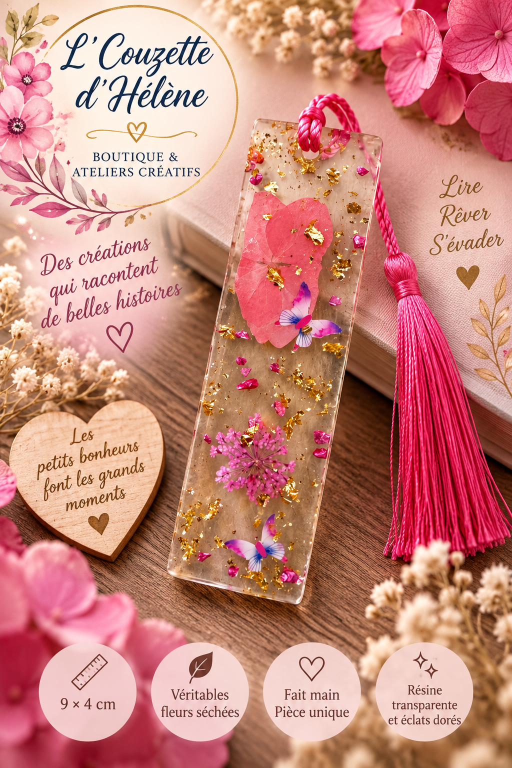 🌸 Marque-page en résine – Fleurs roses & papillons 🦋✨
