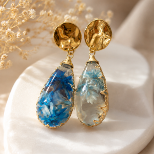 Boucles d oreilles pendantes en résine avec fleurs naturelles