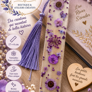 💜 Grand marque-page en résine – Fleurs violettes ✨