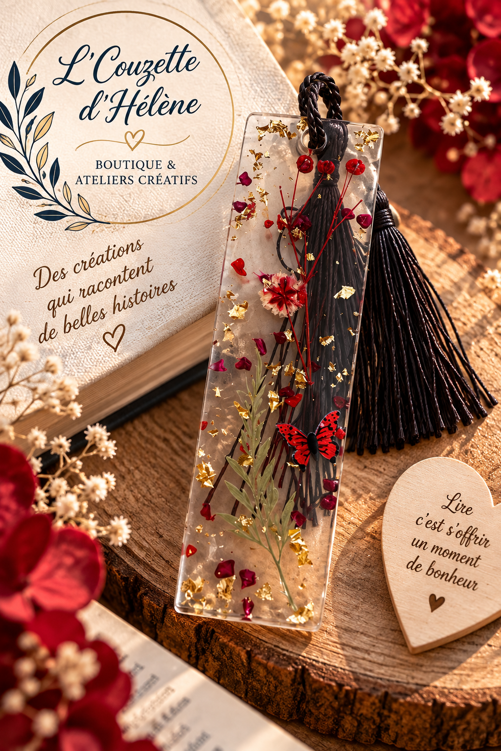 ❤️ Marque-page en résine – Fleurs rouges & papillon – Image 2
