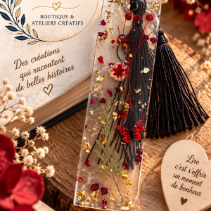 ❤️ Marque-page en résine – Fleurs rouges & papillon