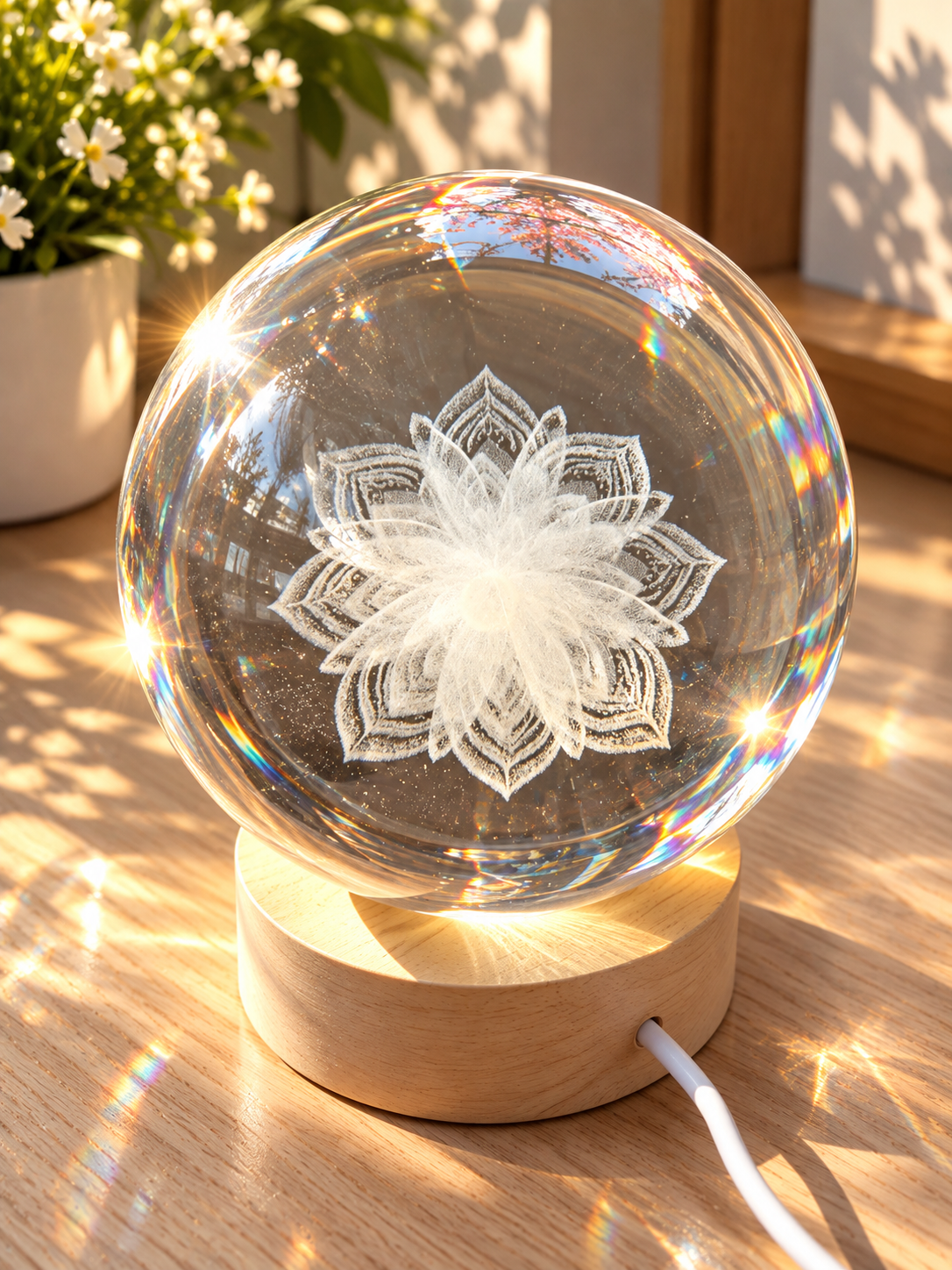 Lampe boule en cristal – Fleur mandala gravée 3D – Image 2