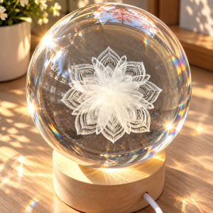 Lampe boule en cristal – Fleur mandala gravée 3D