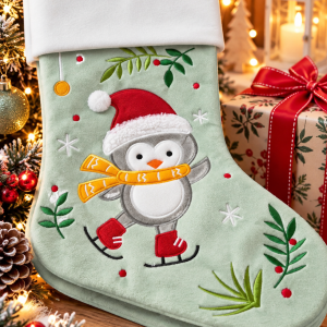 🐧❄️ Botte de Noël personnalisable – Petit pingouin patineur 🎄