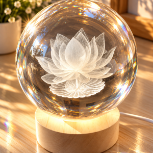 Lampe boule en cristal – Fleur de lotus gravée 3D