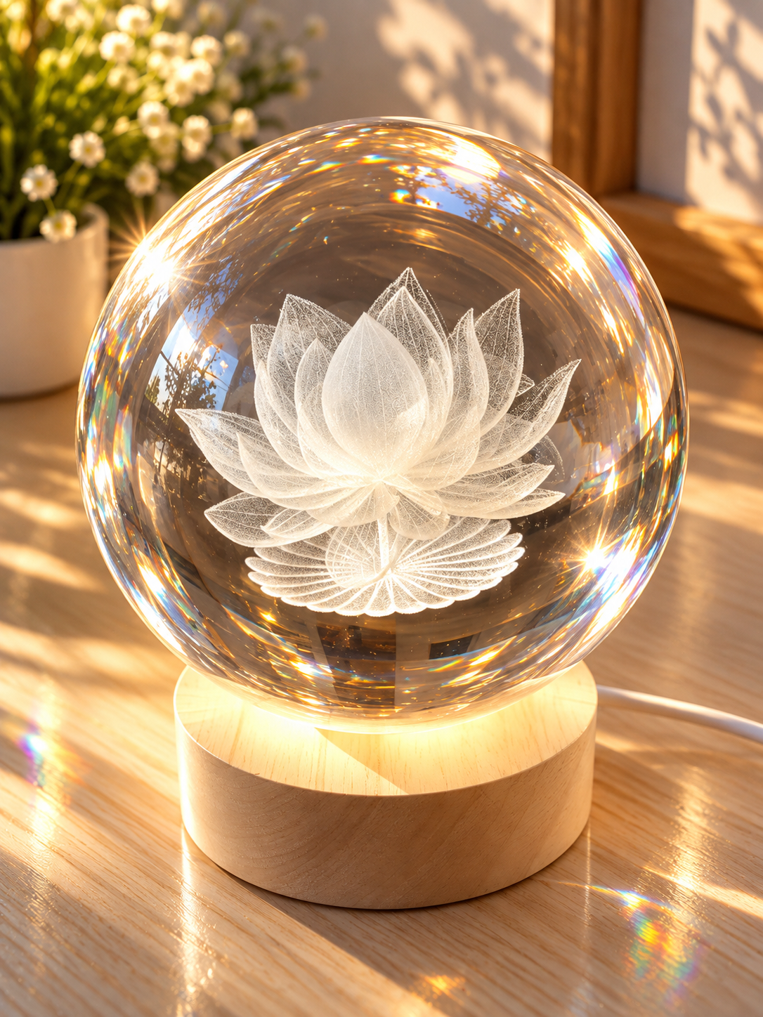 Lampe boule en cristal – Fleur de lotus gravée 3D