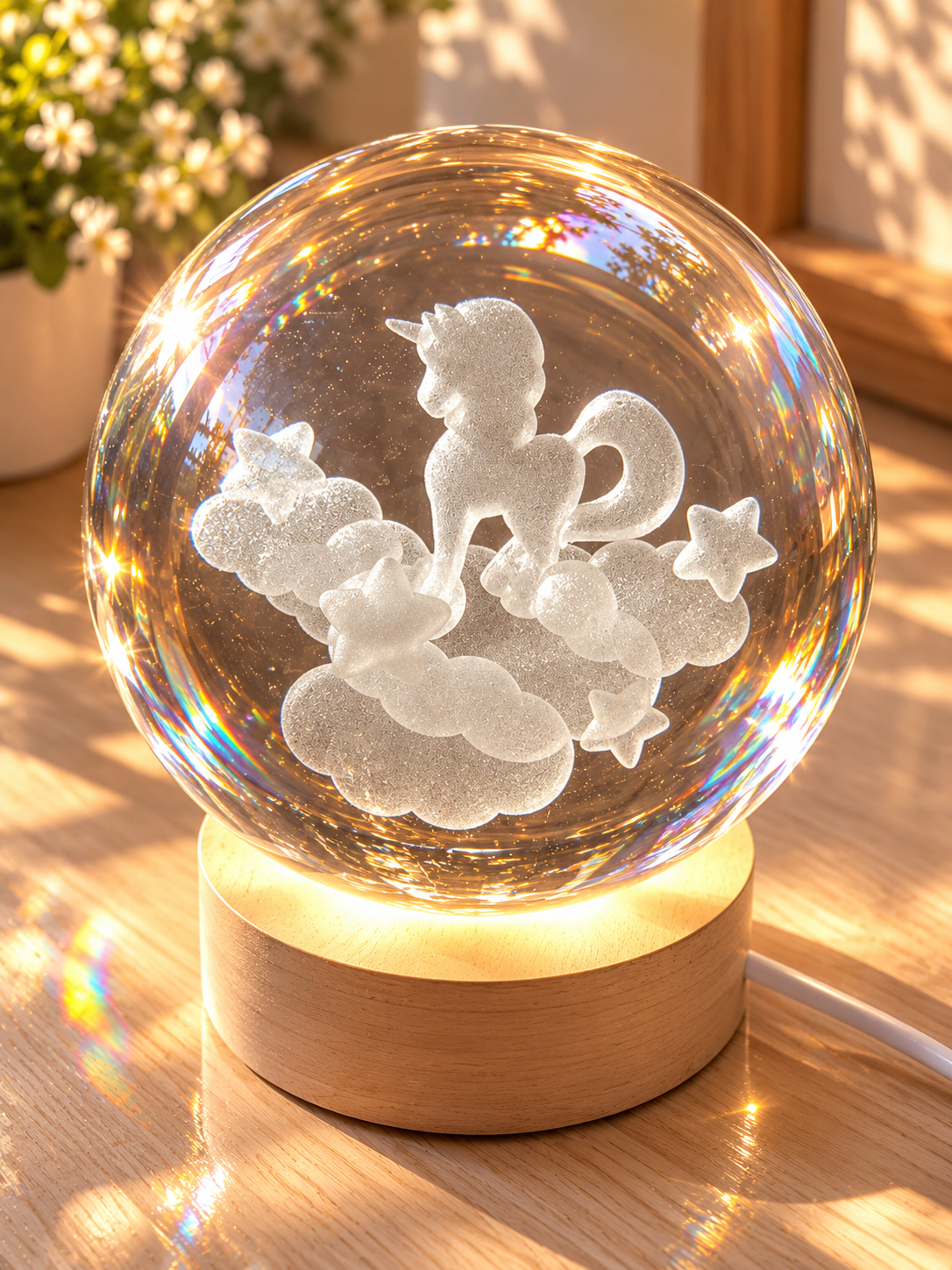 Lampe boule en cristal – Licorne gravée 3D
