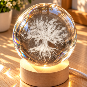 Lampe boule en cristal – Arbre de vie gravé 3D