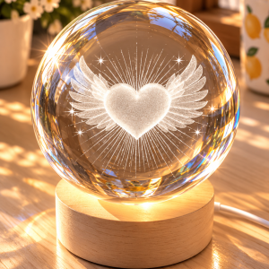 Lampe boule en cristal – Cœur ailé gravé 3D