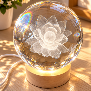 Lampe boule en cristal – Fleur gravée 3D