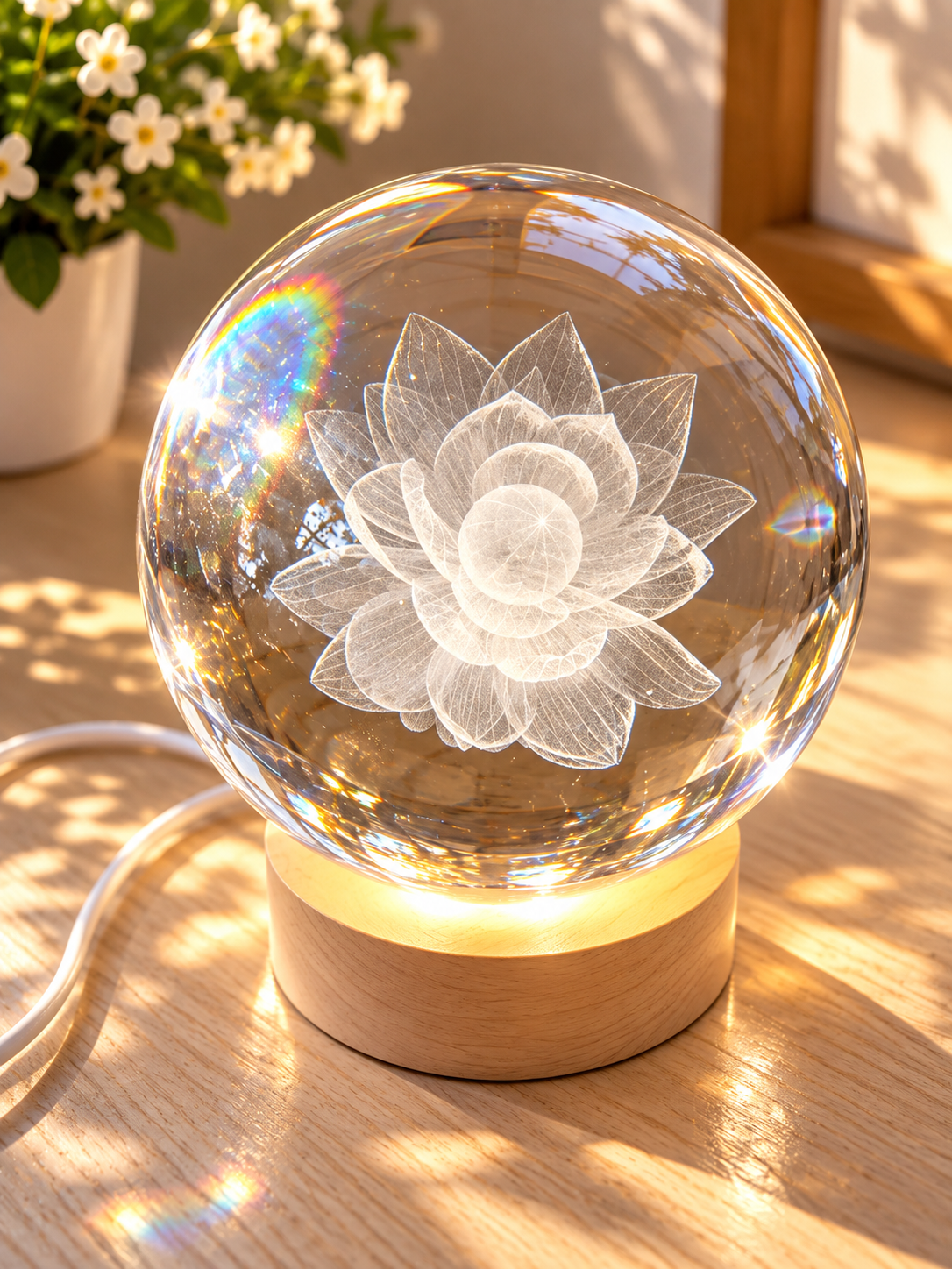 Lampe boule en cristal – Fleur gravée 3D