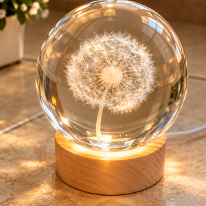 Lampe boule en cristal – Pissenlit gravé 3D