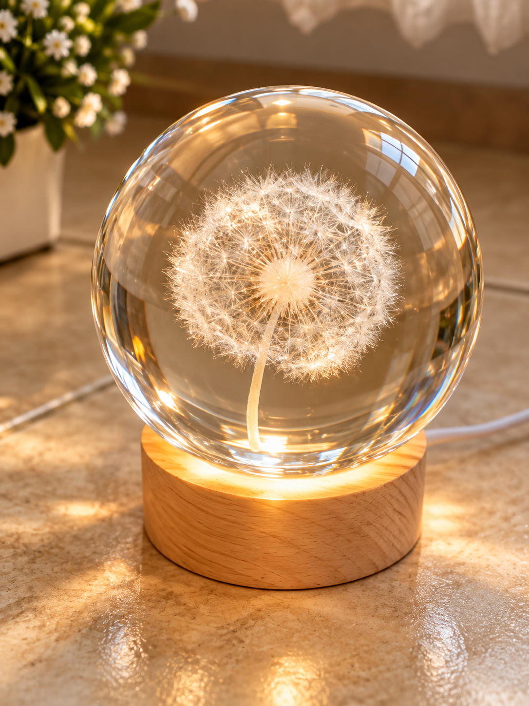 Lampe boule en cristal – Pissenlit gravé 3D