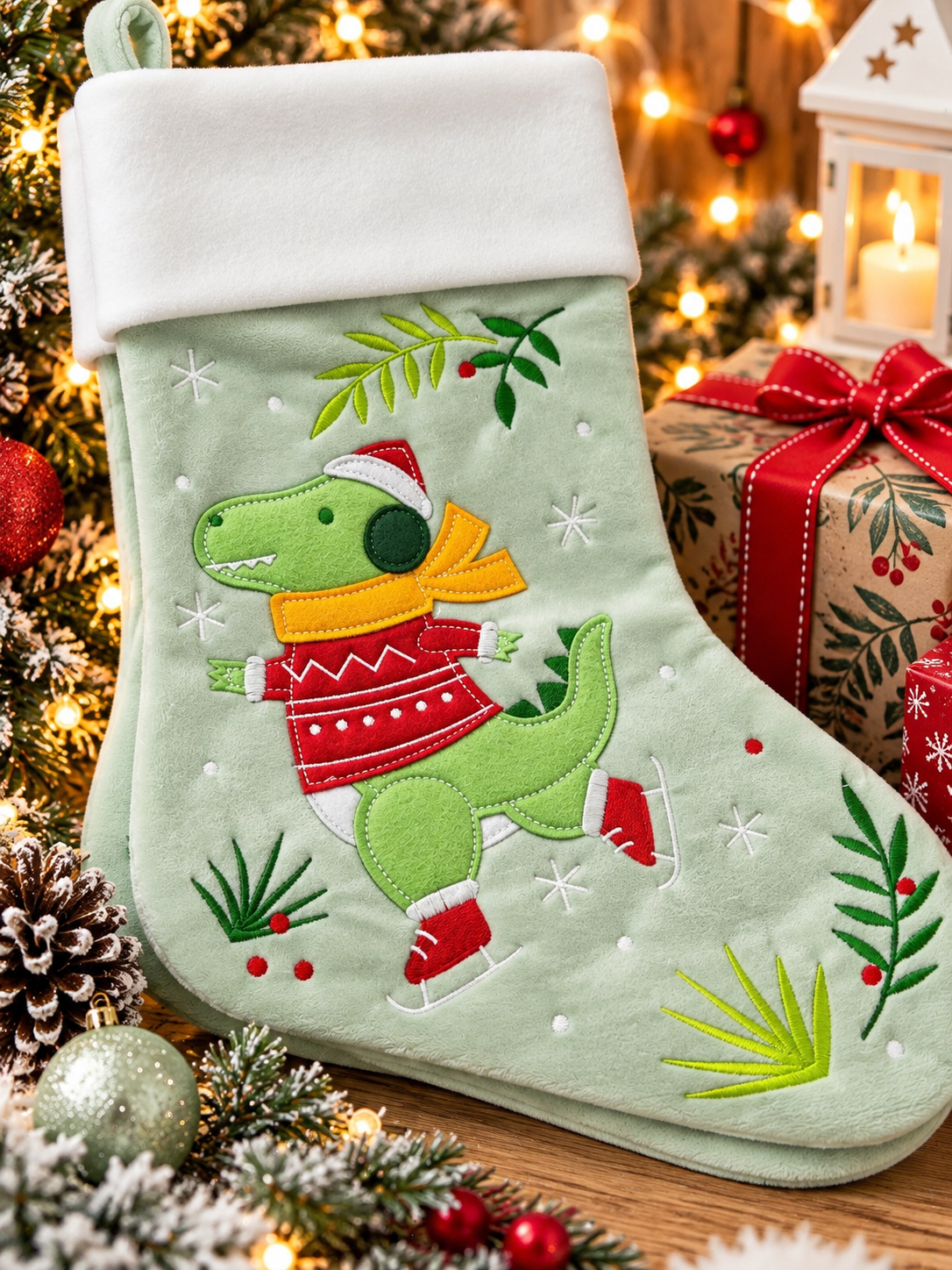 🦖🎄 Botte de Noël personnalisable – Petit dinosaure patineur – Image 2