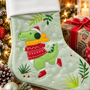 🦖🎄 Botte de Noël personnalisable – Petit dinosaure patineur