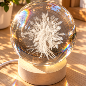 Lampe boule en cristal – Arbre de vie gravé 3D