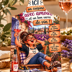 Planche déco cuisine – “Ici, on cuisine avec amour… et un bon verre de vin !” 🍷💜