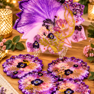 Plateau décoratif en résine avec 4 sous-verres assortis Collection Florale Violette