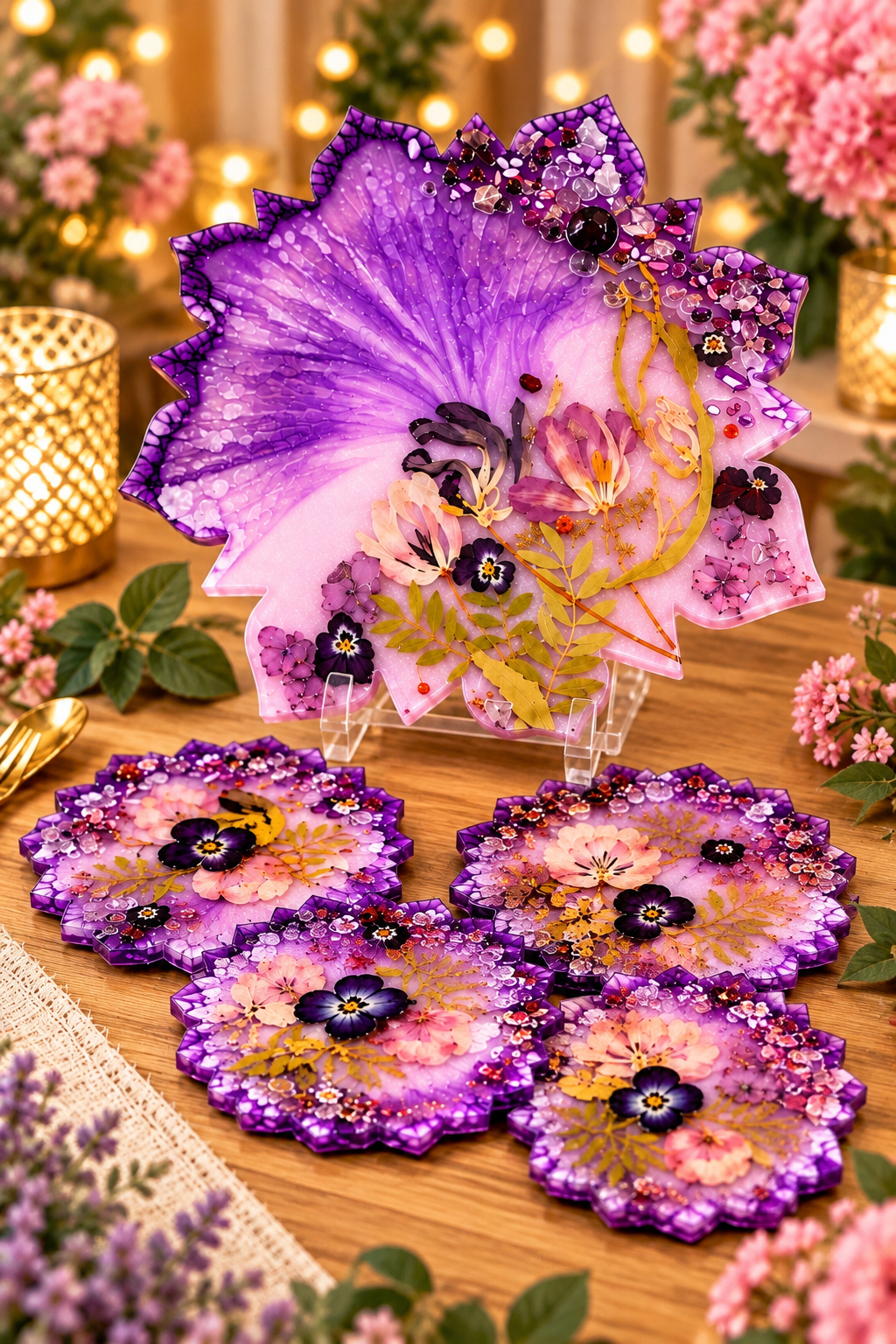 Plateau décoratif en résine avec 4 sous-verres assortis Collection Florale Violette